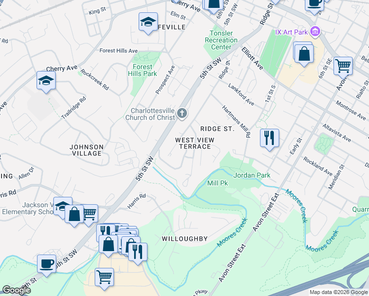 map of restaurants, bars, coffee shops, grocery stores, and more near 228 Brookwood Drive in Charlottesville