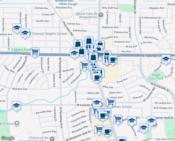 map of restaurants, bars, coffee shops, grocery stores, and more near 7647 Pacific Avenue in Stockton