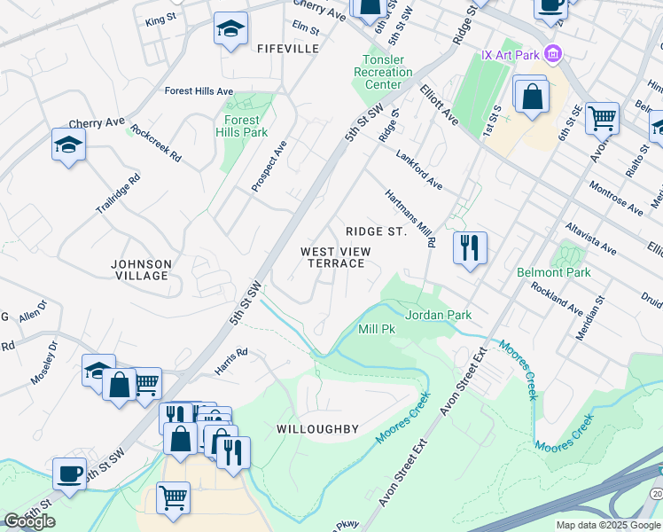 map of restaurants, bars, coffee shops, grocery stores, and more near 228 Brookwood Drive in Charlottesville