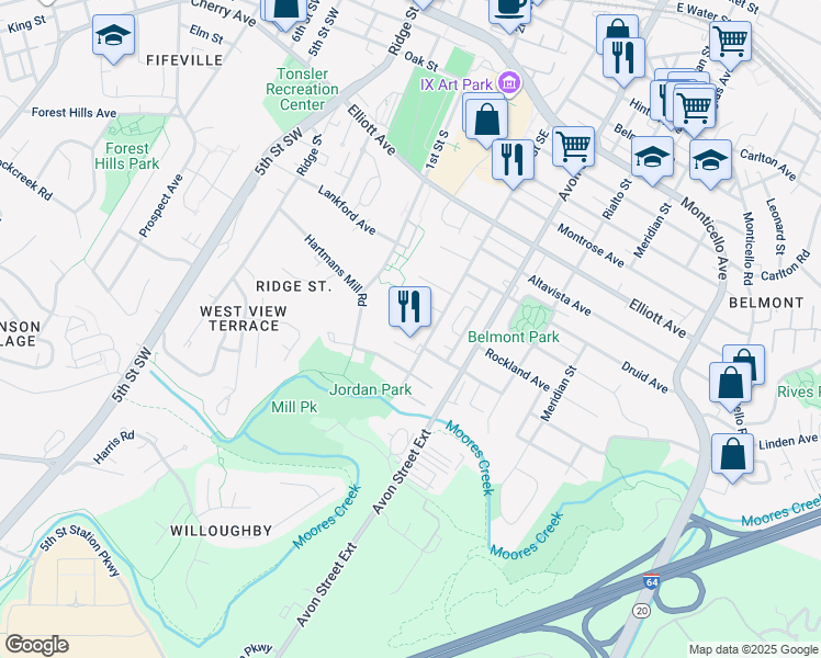 map of restaurants, bars, coffee shops, grocery stores, and more near 1516 Rosa Terrace in Charlottesville