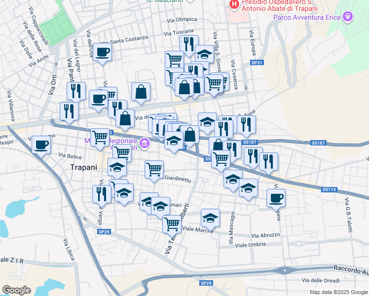 map of restaurants, bars, coffee shops, grocery stores, and more near 68 Via Palermo in Trapani