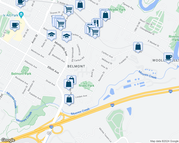 map of restaurants, bars, coffee shops, grocery stores, and more near 103 Darien Terrace in Charlottesville