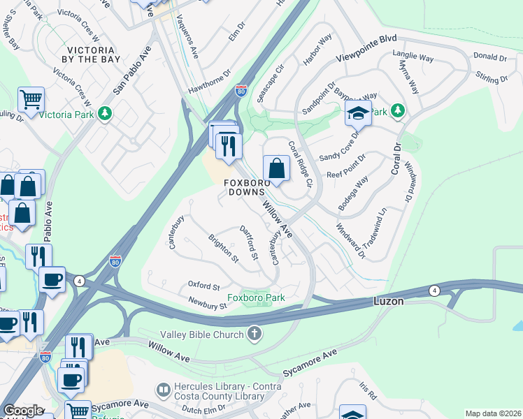map of restaurants, bars, coffee shops, grocery stores, and more near 411 Weymouth in Hercules