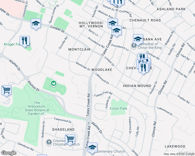 map of restaurants, bars, coffee shops, grocery stores, and more near 908 Lakewood Drive in Lexington