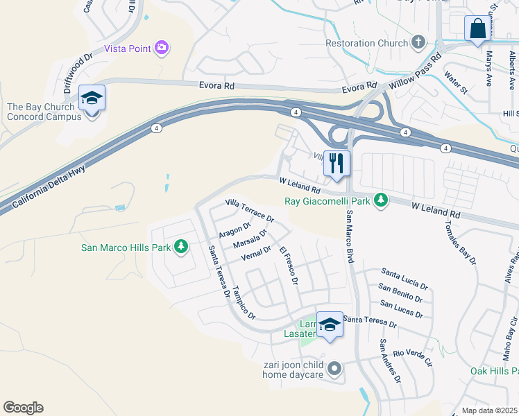 map of restaurants, bars, coffee shops, grocery stores, and more near 1229 Villa Terrace Drive in Bay Point