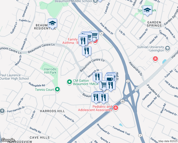 map of restaurants, bars, coffee shops, grocery stores, and more near 1165 Monarch Street in Lexington