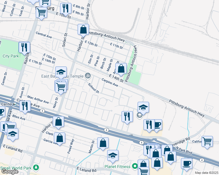 map of restaurants, bars, coffee shops, grocery stores, and more near 696 Carpino Avenue in Pittsburg