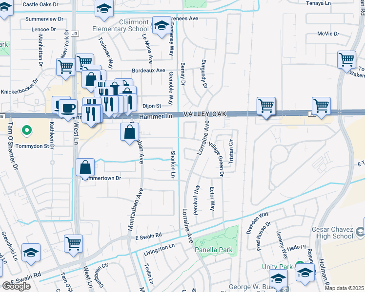 map of restaurants, bars, coffee shops, grocery stores, and more near 7323 Excalibur Circle in Stockton