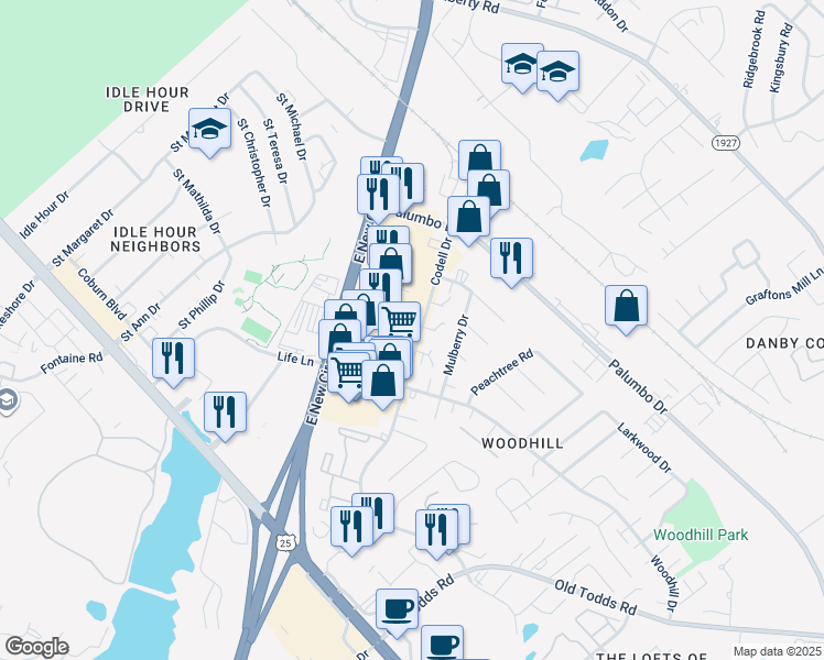 map of restaurants, bars, coffee shops, grocery stores, and more near 405 Codell Drive in Lexington