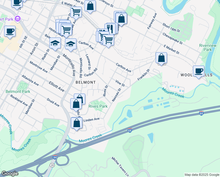 map of restaurants, bars, coffee shops, grocery stores, and more near 1404 Hampton Street in Charlottesville
