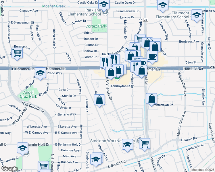 map of restaurants, bars, coffee shops, grocery stores, and more near 7700 Tam O'Shanter Drive in Stockton