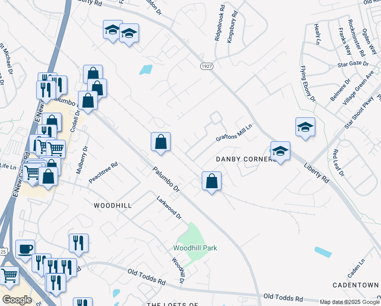 map of restaurants, bars, coffee shops, grocery stores, and more near 604 Danby Woods Drive in Lexington