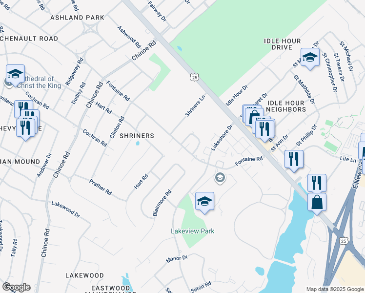 map of restaurants, bars, coffee shops, grocery stores, and more near 2018 Fontaine Road in Lexington