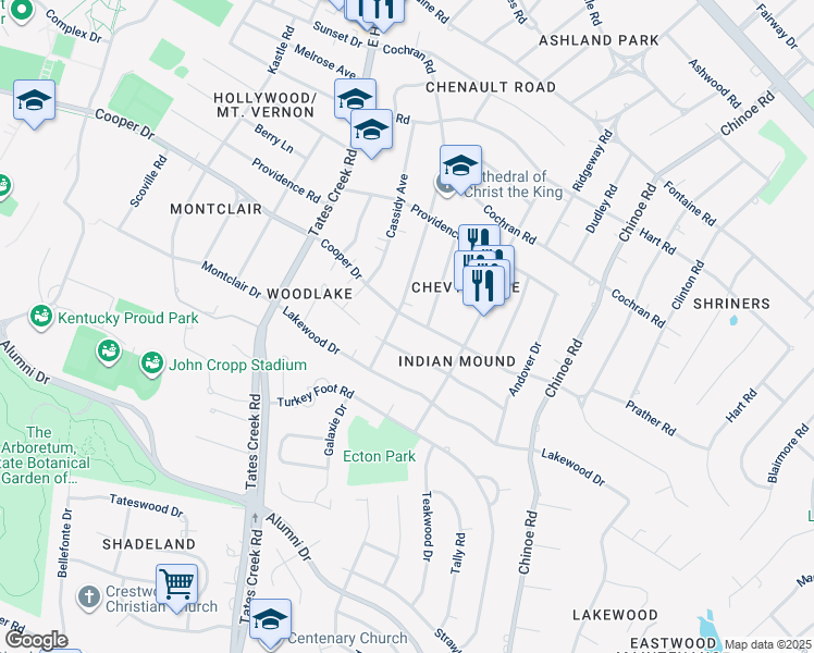 map of restaurants, bars, coffee shops, grocery stores, and more near 1108 Cooper Drive in Lexington