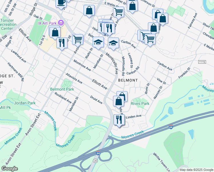 map of restaurants, bars, coffee shops, grocery stores, and more near 1013 Elliott Avenue in Charlottesville