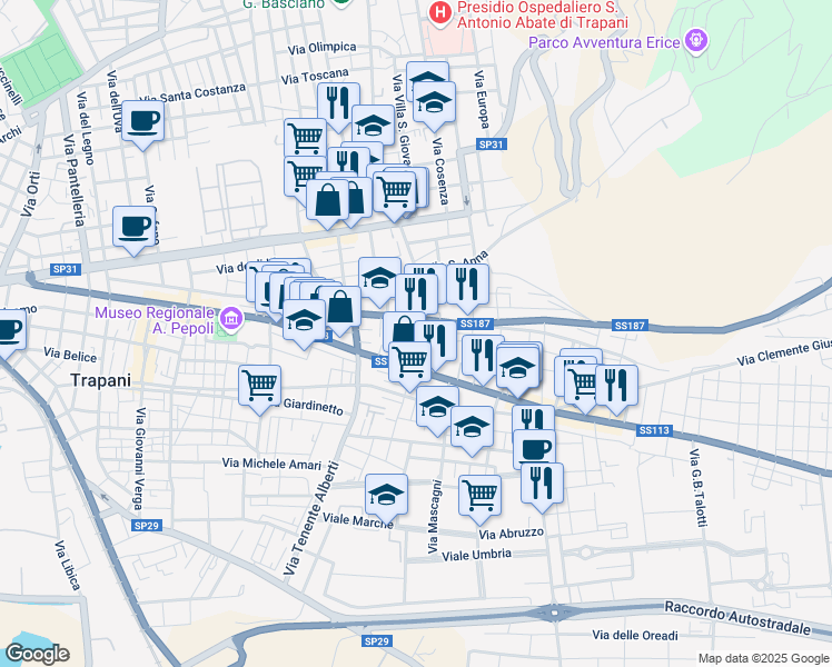 map of restaurants, bars, coffee shops, grocery stores, and more near Via Antonio Amaro in Casa Santa
