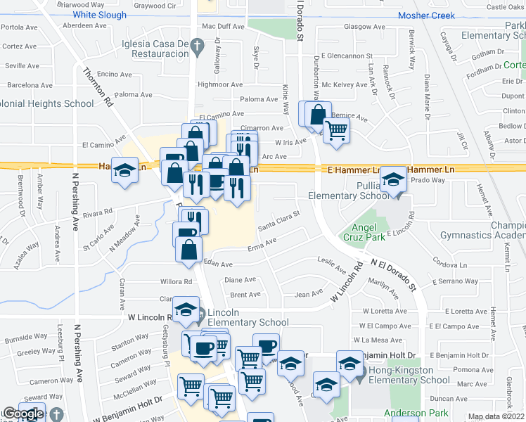 map of restaurants, bars, coffee shops, grocery stores, and more near 7630 Santa Ines Court in Stockton