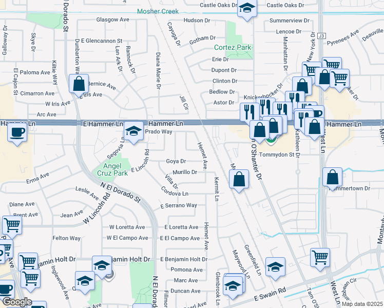 map of restaurants, bars, coffee shops, grocery stores, and more near 420 Morro Lane in Stockton
