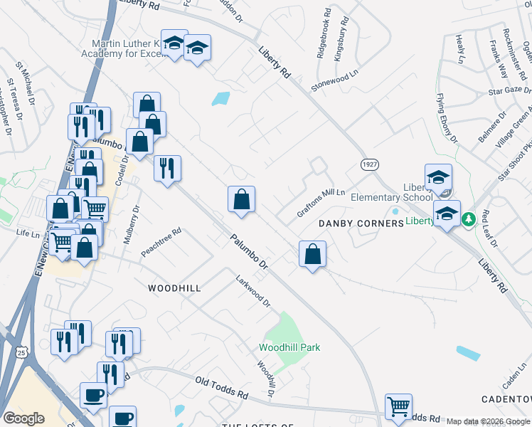 map of restaurants, bars, coffee shops, grocery stores, and more near 2444 Checkerberry Drive in Lexington