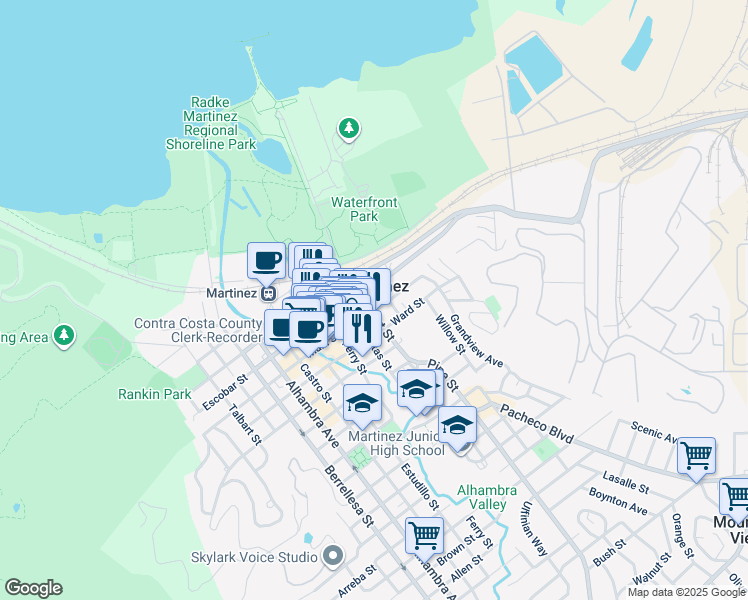 map of restaurants, bars, coffee shops, grocery stores, and more near 625 Court Street in Martinez