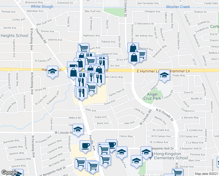 map of restaurants, bars, coffee shops, grocery stores, and more near 7632 Santa Ines Court in Stockton