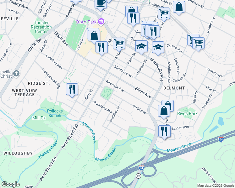 map of restaurants, bars, coffee shops, grocery stores, and more near 807 Druid Ave in Charlottesville