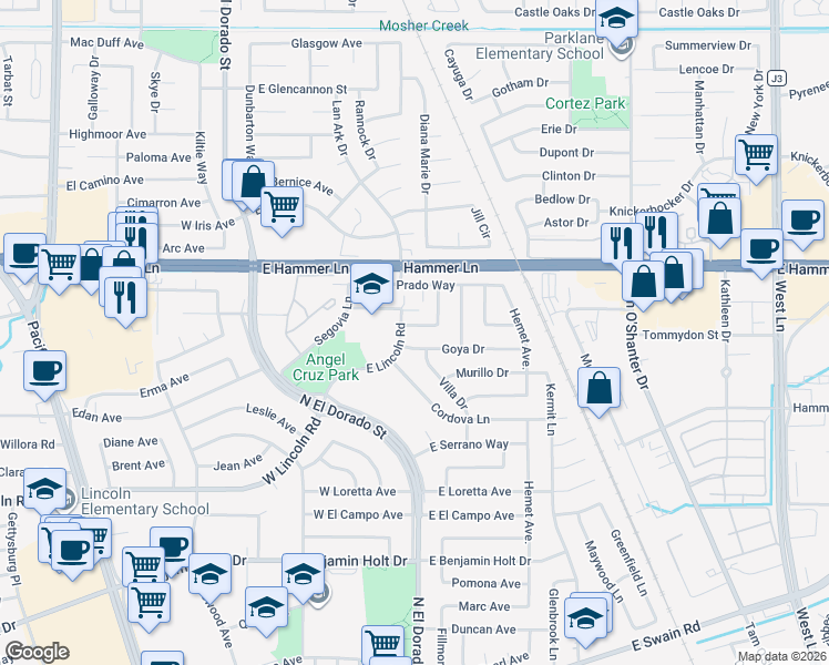 map of restaurants, bars, coffee shops, grocery stores, and more near 310 Berrendo Lane in Stockton