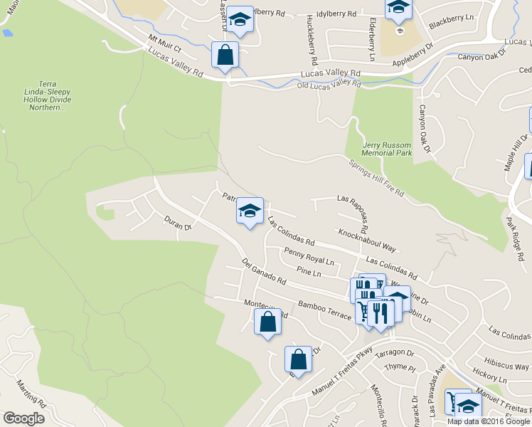 map of restaurants, bars, coffee shops, grocery stores, and more near 821 Las Colindas Road in San Rafael
