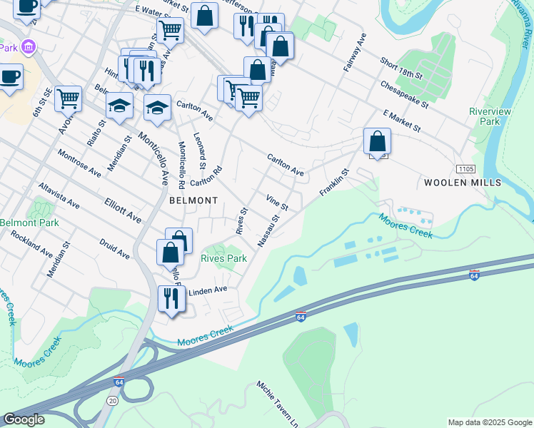 map of restaurants, bars, coffee shops, grocery stores, and more near 1411 Hampton Street in Charlottesville