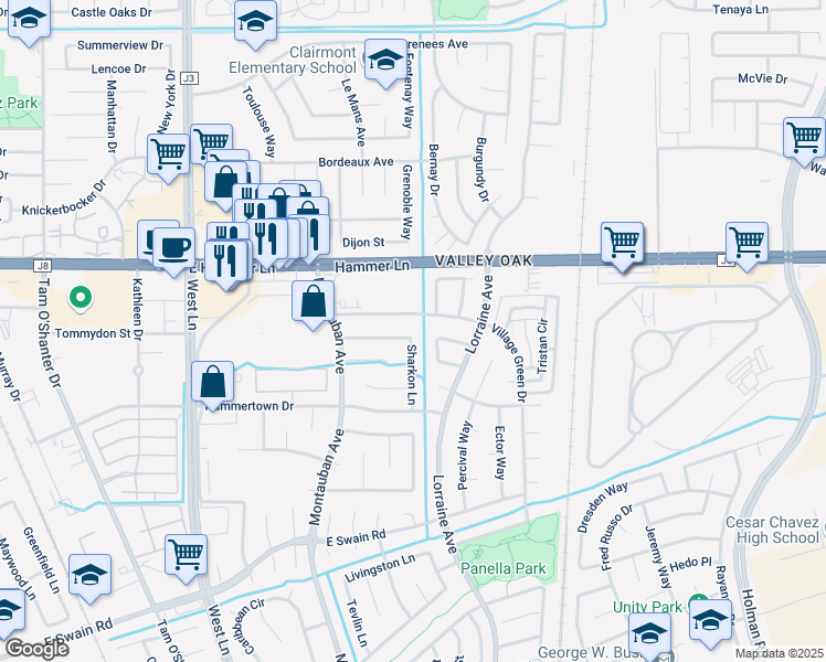 map of restaurants, bars, coffee shops, grocery stores, and more near 7323 Excalibur Circle in Stockton