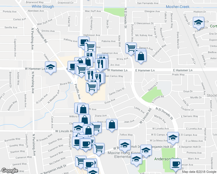 map of restaurants, bars, coffee shops, grocery stores, and more near 7632 Santa Ines Court in Stockton