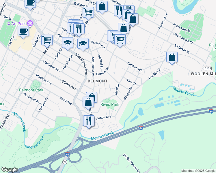 map of restaurants, bars, coffee shops, grocery stores, and more near 105 Greenwich Court in Charlottesville
