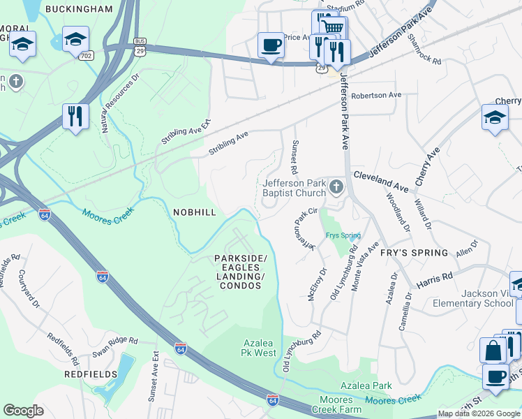 map of restaurants, bars, coffee shops, grocery stores, and more near 249 Huntley Avenue in Charlottesville