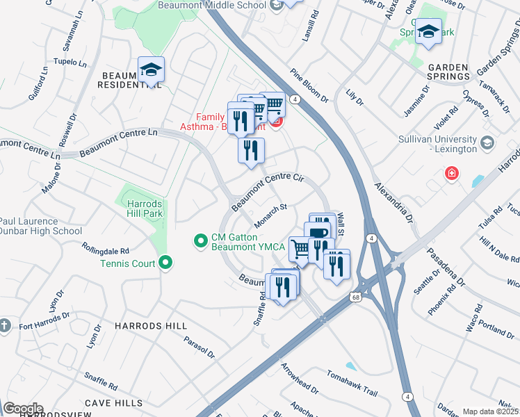 map of restaurants, bars, coffee shops, grocery stores, and more near 1135 Monarch Street in Lexington