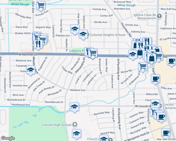 map of restaurants, bars, coffee shops, grocery stores, and more near 7525 Oakmont Drive in Stockton