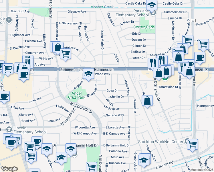 map of restaurants, bars, coffee shops, grocery stores, and more near 402 Berrendo Lane in Stockton
