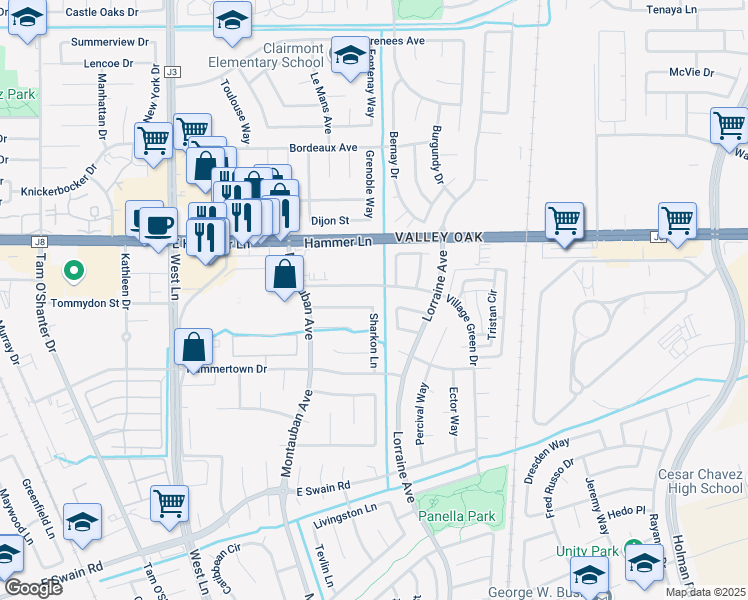 map of restaurants, bars, coffee shops, grocery stores, and more near 7323 Excalibur Circle in Stockton