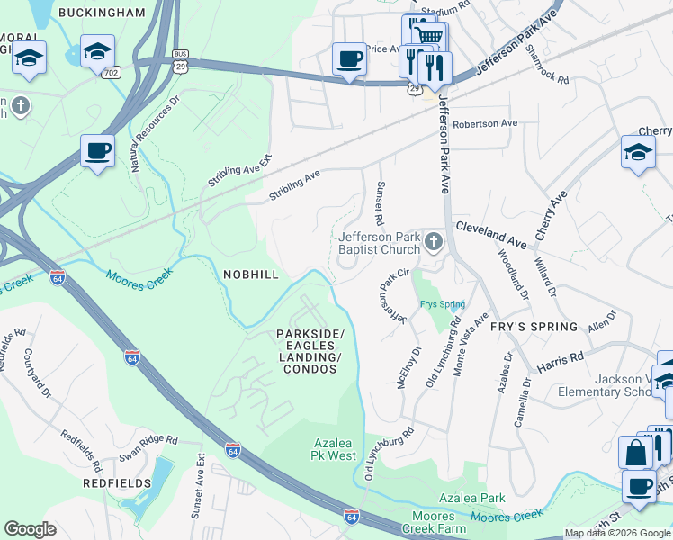map of restaurants, bars, coffee shops, grocery stores, and more near 249 Huntley Avenue in Charlottesville