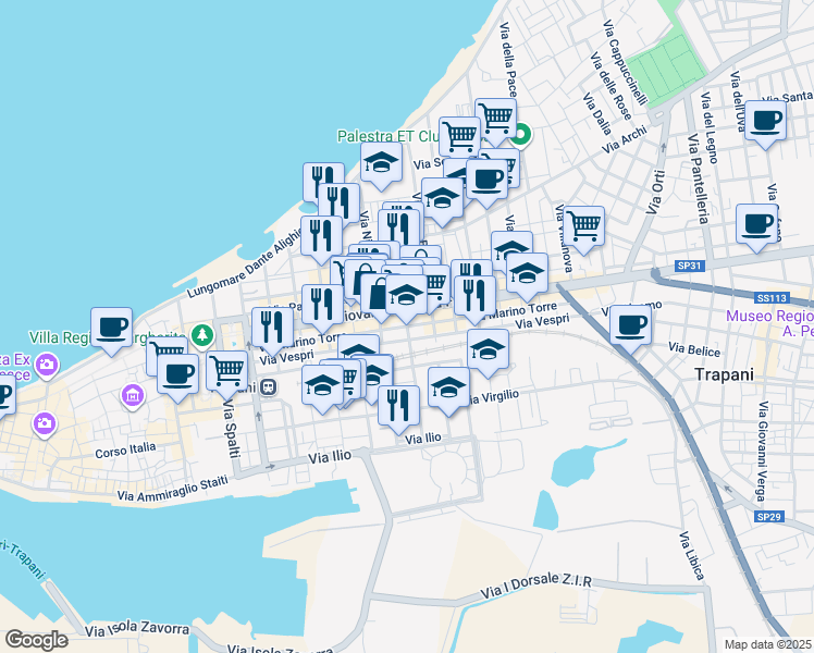 map of restaurants, bars, coffee shops, grocery stores, and more near 116 Via Giovanni Battista Fardella in Trapani