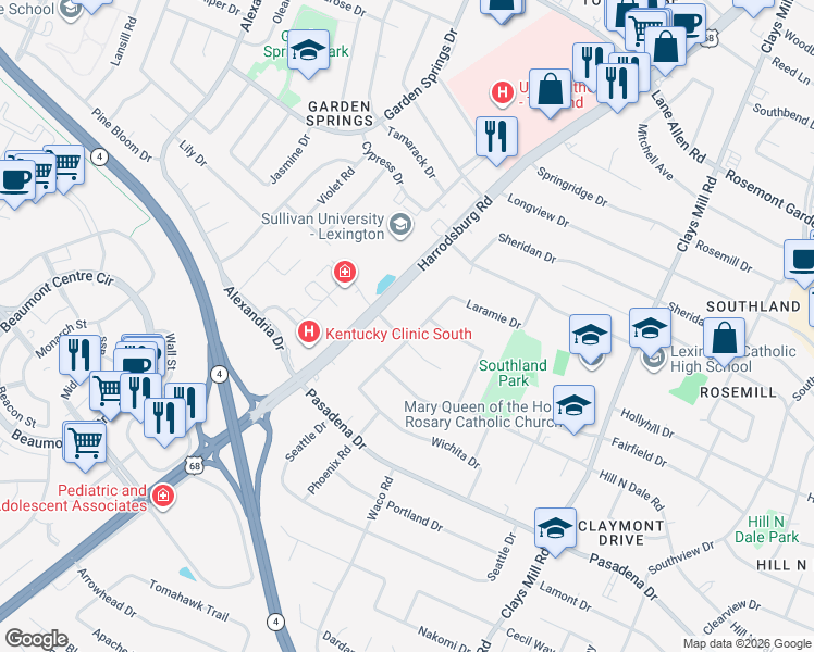 map of restaurants, bars, coffee shops, grocery stores, and more near 2381 Tulsa Rd in Lexington