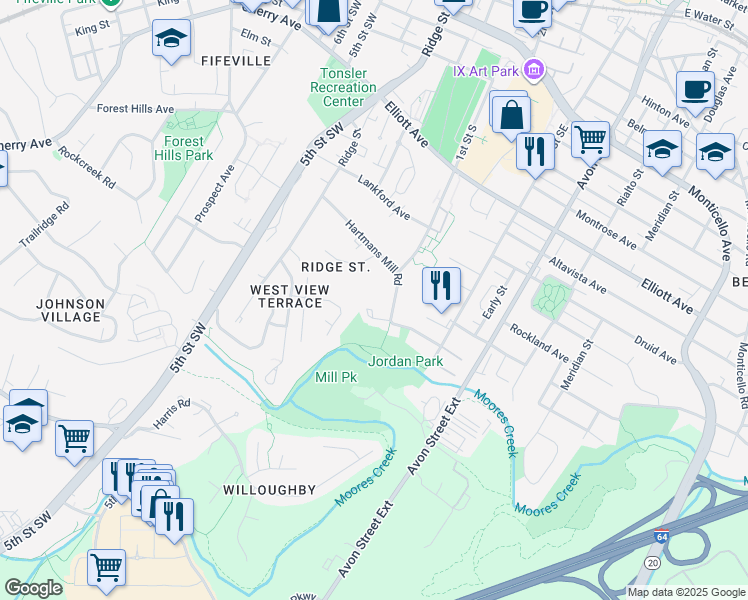 map of restaurants, bars, coffee shops, grocery stores, and more near 108 Hartmans Mill Rd in Charlottesville