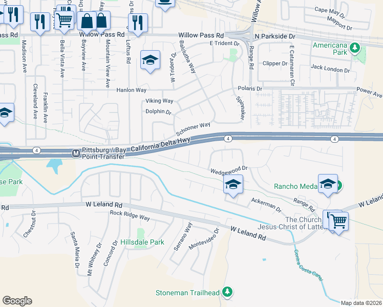 map of restaurants, bars, coffee shops, grocery stores, and more near 2105 Bancroft Court in Pittsburg