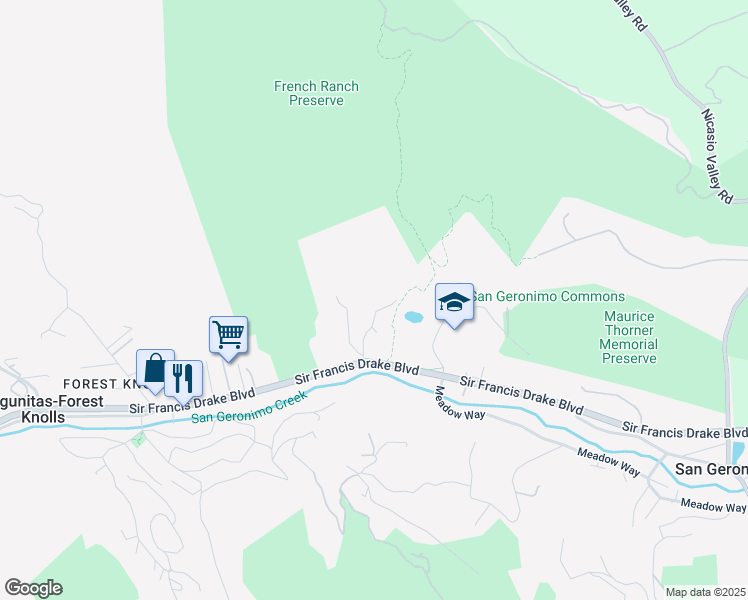 map of restaurants, bars, coffee shops, grocery stores, and more near 71 Wild Iris Drive in San Geronimo