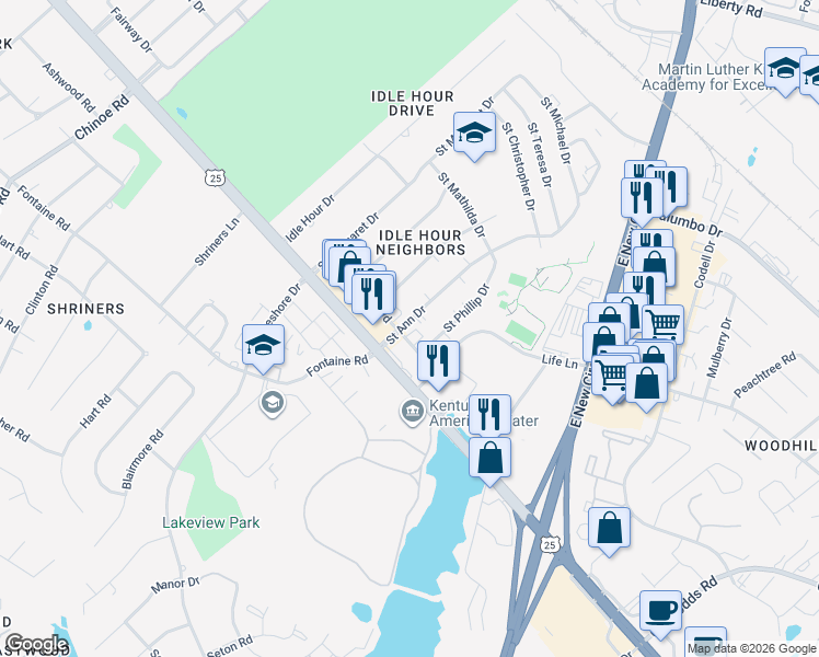 map of restaurants, bars, coffee shops, grocery stores, and more near 2201 Coburn Boulevard in Lexington