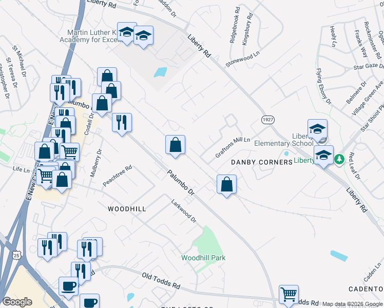 map of restaurants, bars, coffee shops, grocery stores, and more near 2444 Checkerberry Drive in Lexington