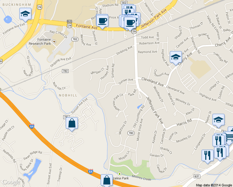 map of restaurants, bars, coffee shops, grocery stores, and more near 2607 Jefferson Park Circle in Charlottesville