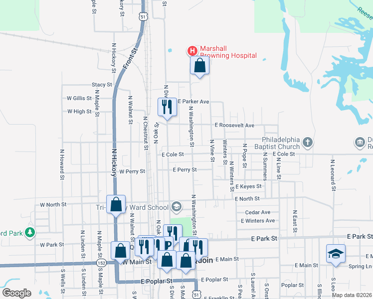 map of restaurants, bars, coffee shops, grocery stores, and more near 464-498 North Washington Street in Du Quoin