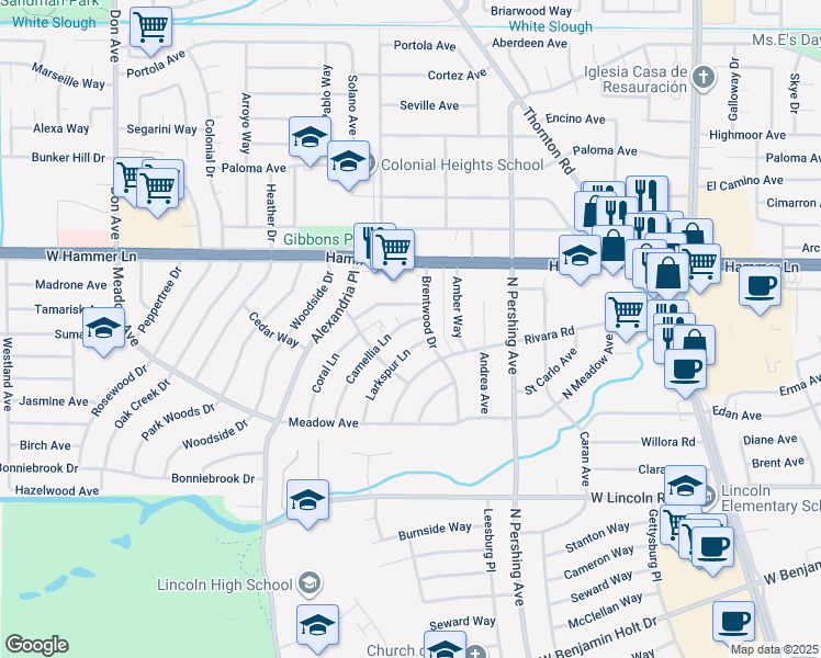 map of restaurants, bars, coffee shops, grocery stores, and more near 7746 Camellia Lane in Stockton