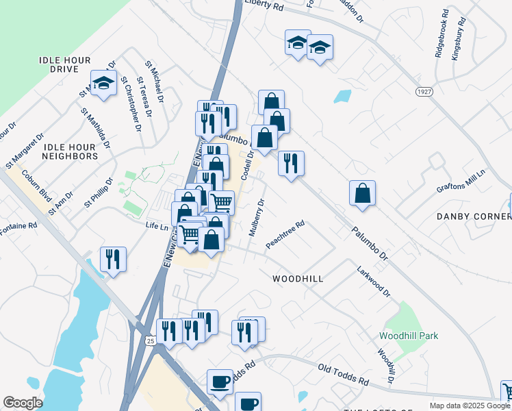 map of restaurants, bars, coffee shops, grocery stores, and more near 349 Mulberry Drive in Lexington