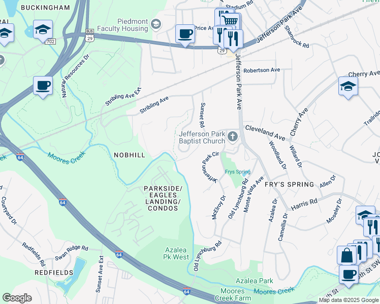 map of restaurants, bars, coffee shops, grocery stores, and more near 264 Huntley Avenue in Charlottesville